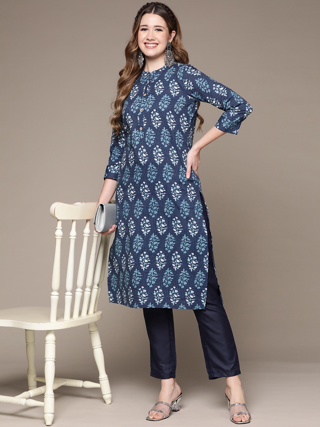 

Anubhutee Women Blue Ethnic Motifs Printed Pure Cotton Kurta with Trousers