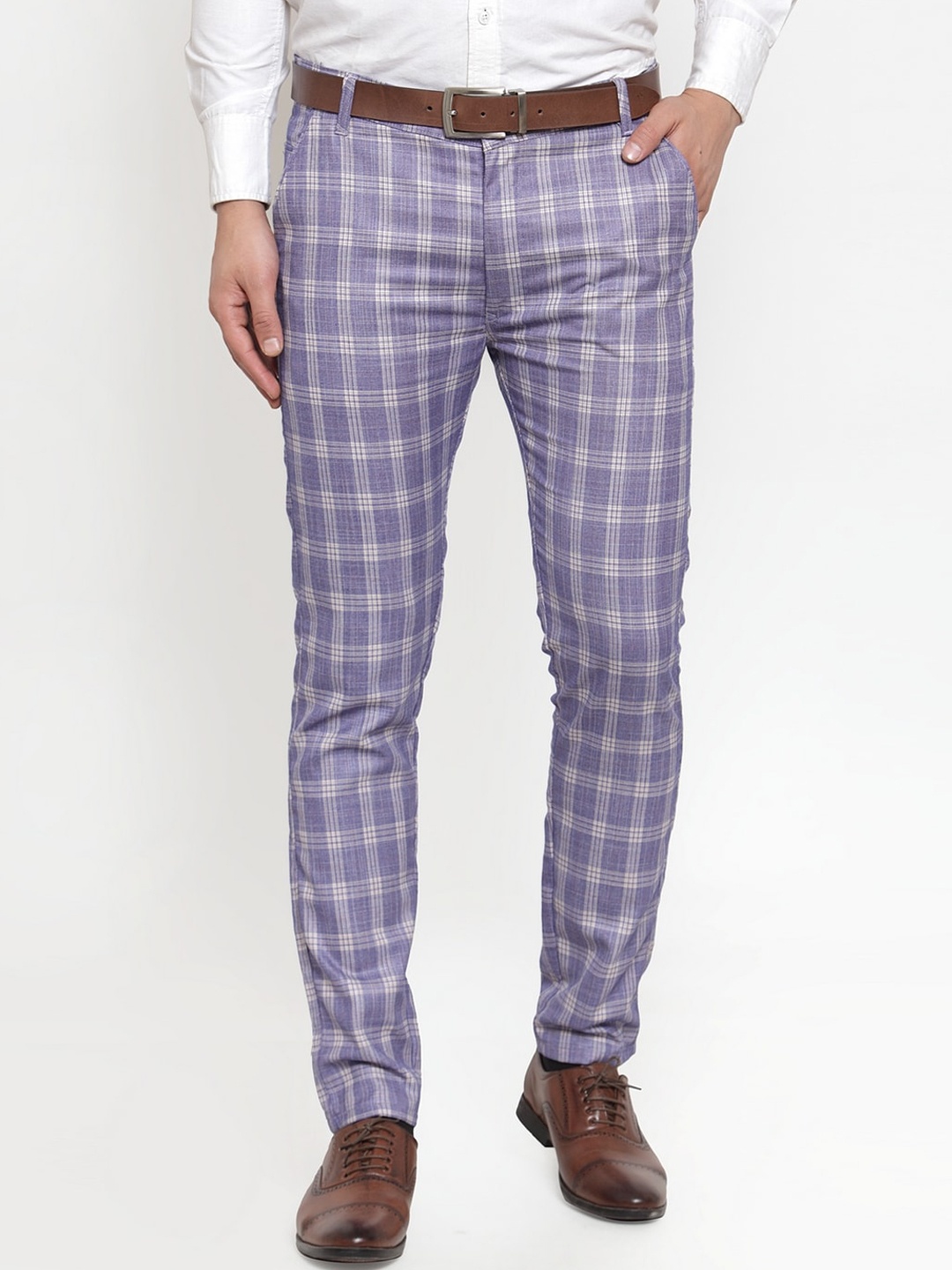 

JAINISH Men Blue Checked Smart Slim Fit Easy Wash Cotton Formal Trousers