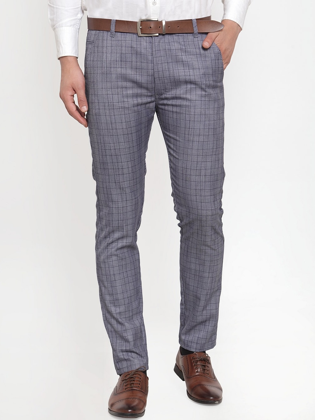 

JAINISH Men Blue Checked Smart Slim Fit Cotton Formal Trousers