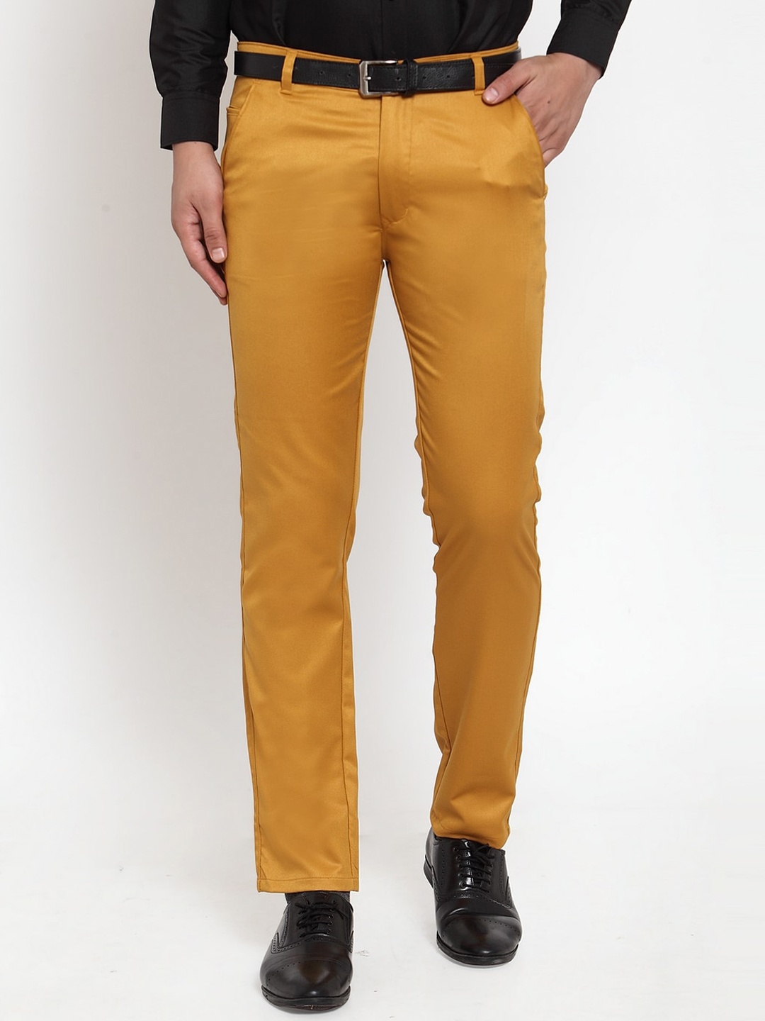 

JAINISH Men Mustard Yellow Smart Slim Fit Easy Wash Pure Cotton Formal Trousers