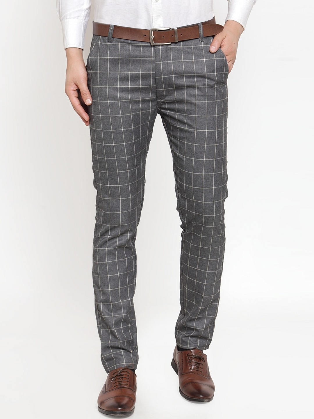 

JAINISH Men Grey & White Checked Smart Slim Fit Easy Wash Formal Trousers