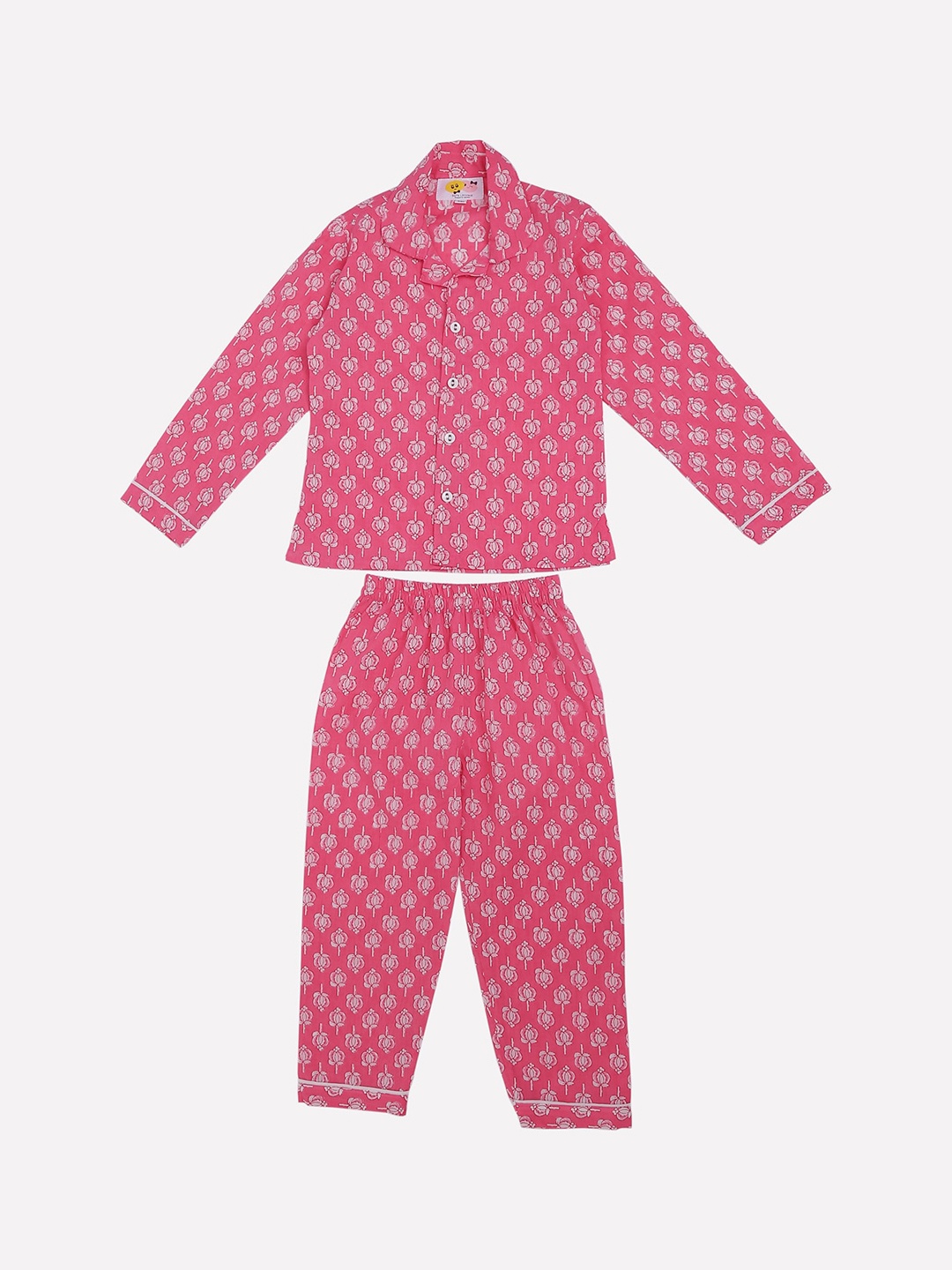 

CUTE LEMONS Kids Pink & White Ethnic Motifs Printed Pure Cotton Nightsuit