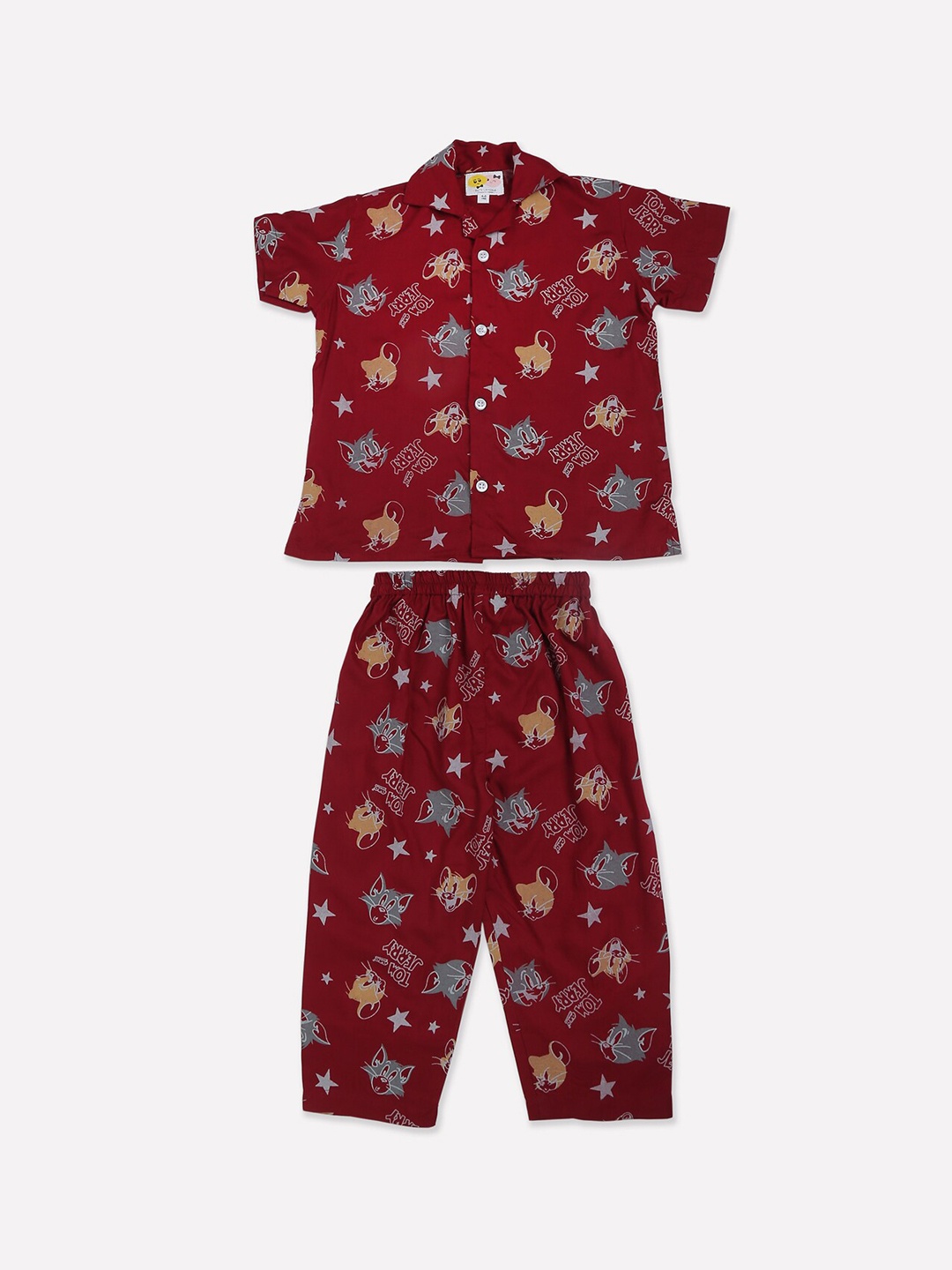 

CUTE LEMONS Kids Red & Grey Tom & Jerry Printed Pure Cotton Nightsuit