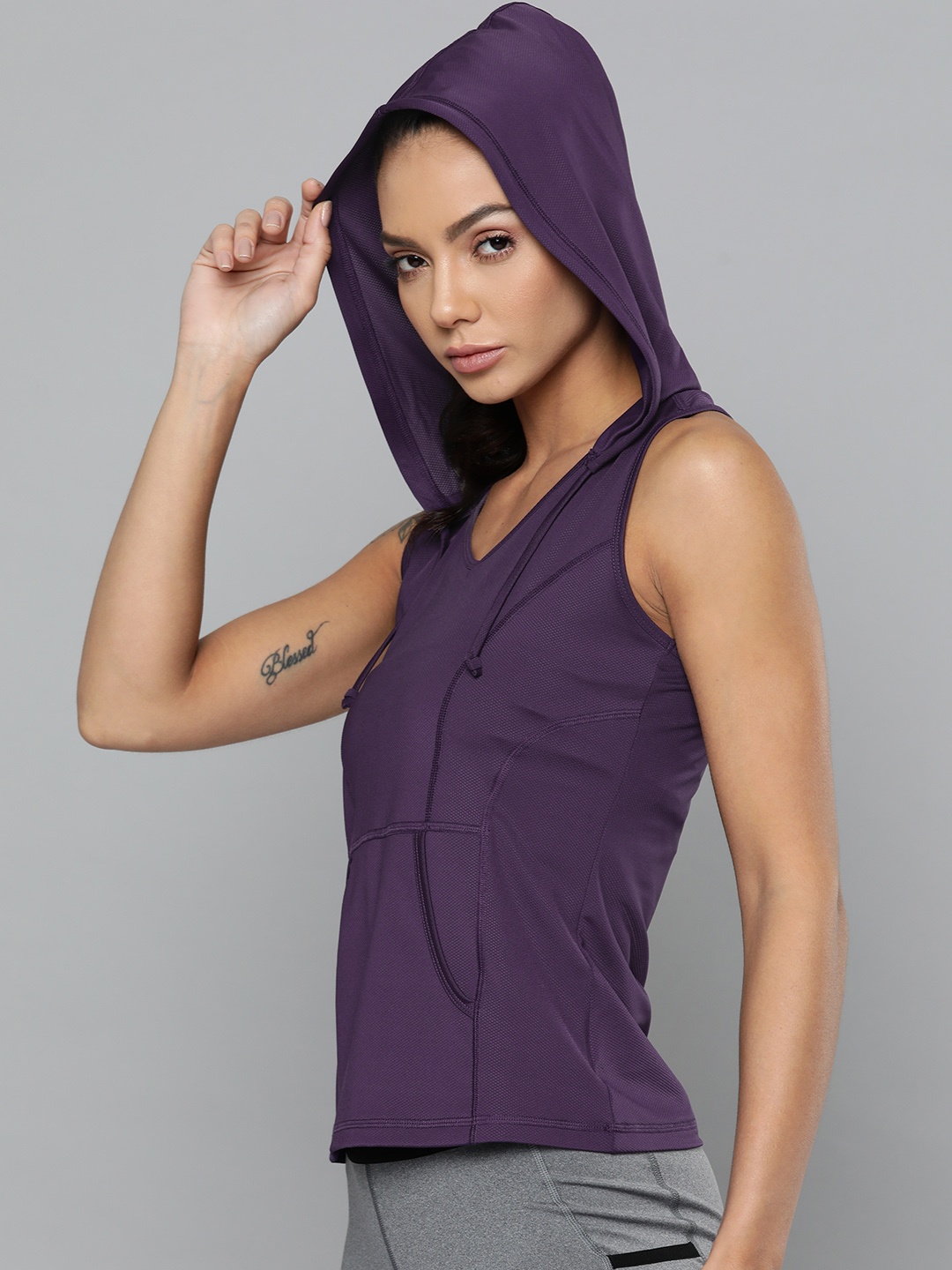 

Fitkin Women Purple Loose Training or Gym Hooded T-shirt