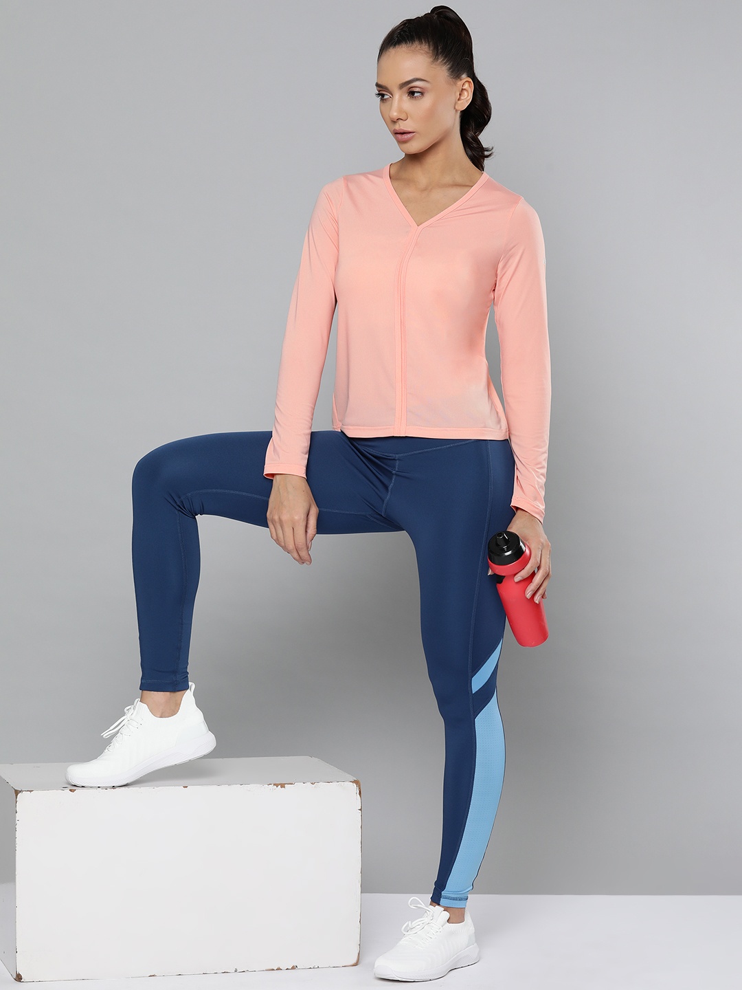

Fitkin Women Peach-Coloured V-Neck Slim Fit Training or Gym T-shirt
