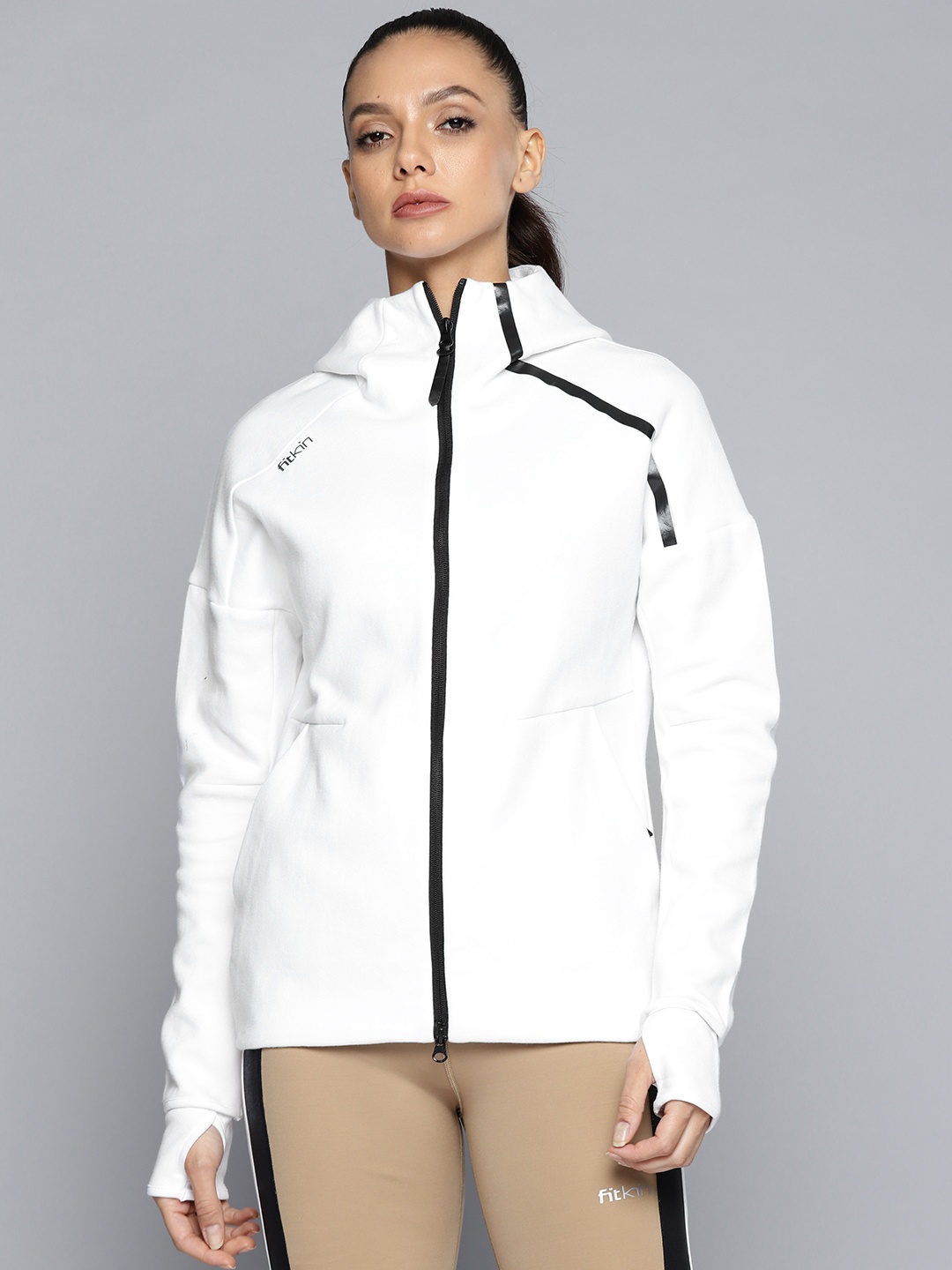 

Fitkin Women White Solid Training or Gym Hooded Jacket