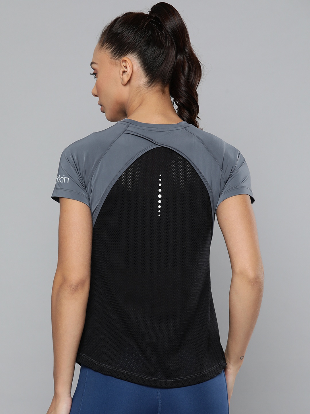 

Fitkin Women Grey & Black Slim Fit Training or Gym T-shirt