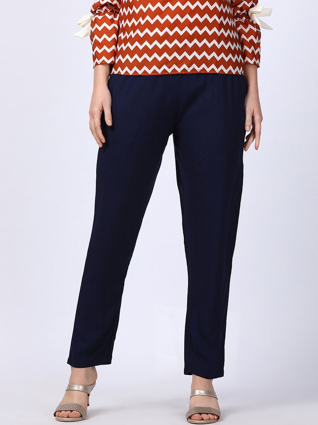 

GOLDSTROMS Women Navy Blue Tapered Fit Cigarette Trousers