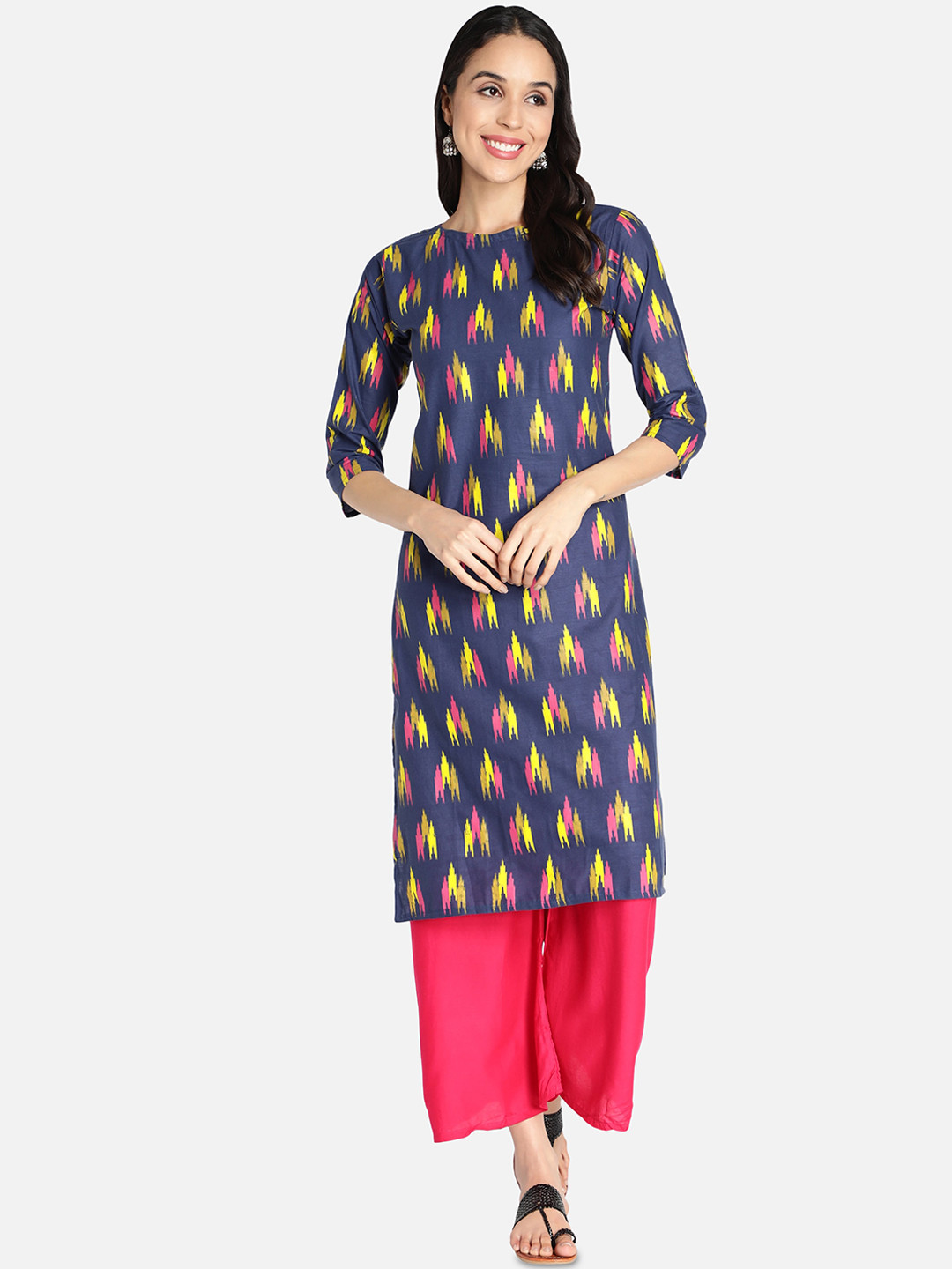 

Fabclub Women Blue Ikat Printed Straight Cotton Kurta