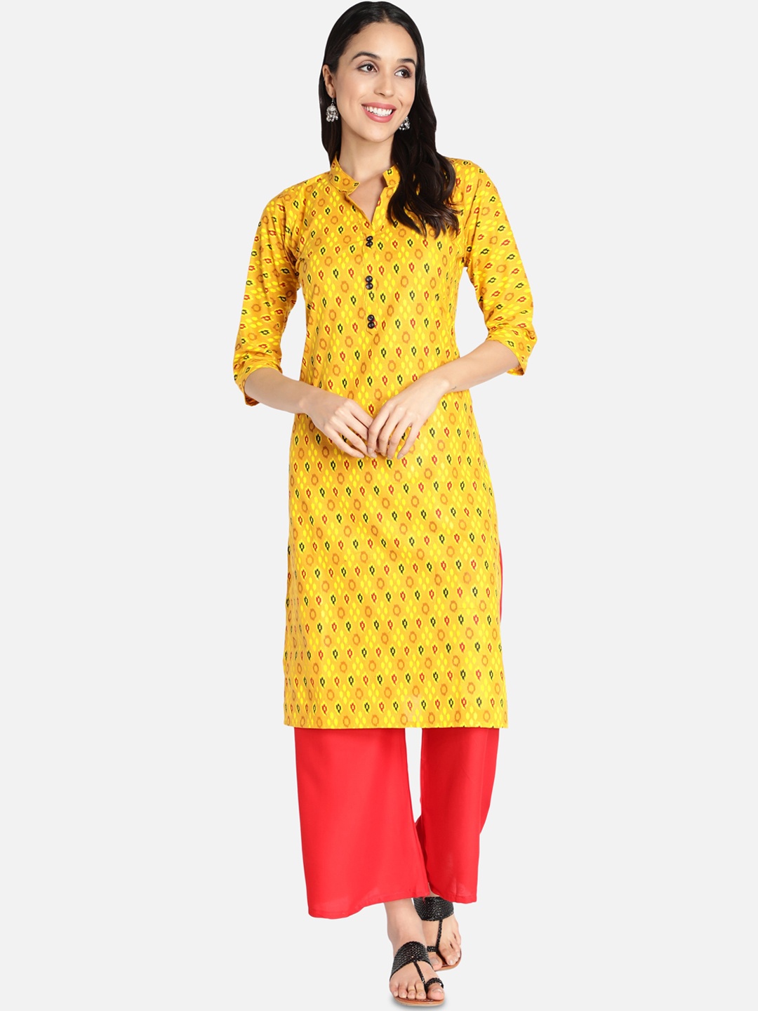 

Fabclub Women Mustard Yellow Ethnic Motifs Printed Straight Cotton Kurta