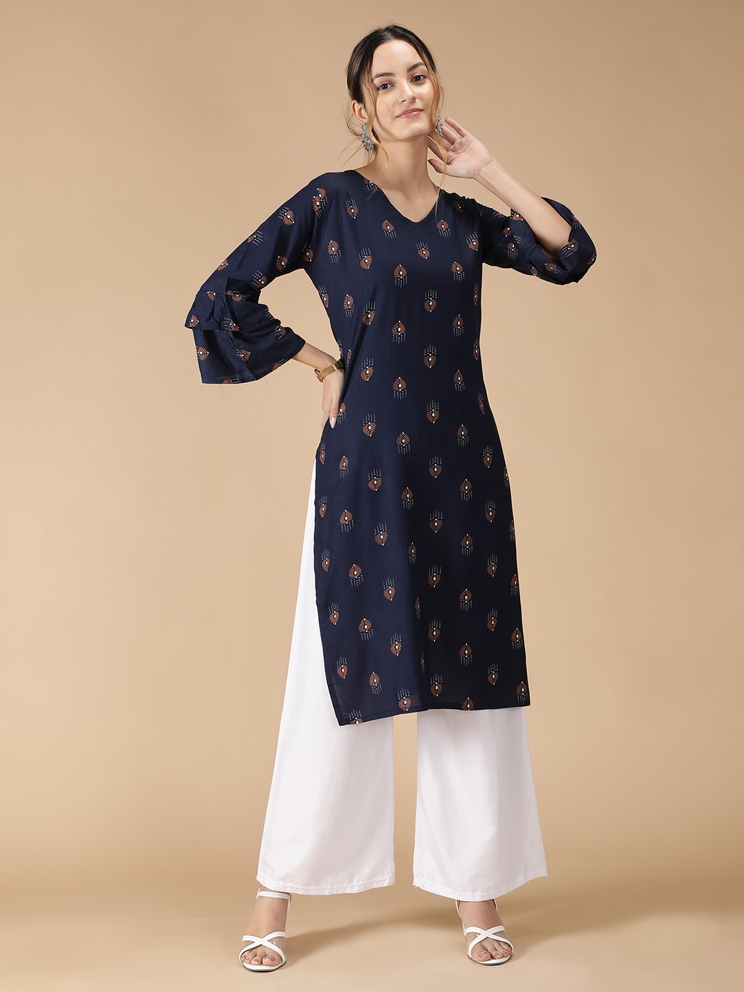 

Fabclub Women Navy Blue Ethnic Motifs Printed Flared Sleeves Kurta