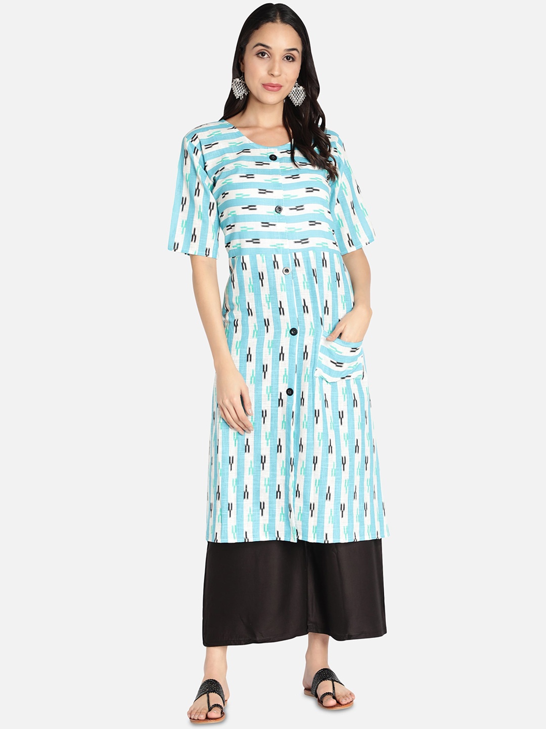 

Fabclub Women Turquoise Blue Striped A-Line Kurta