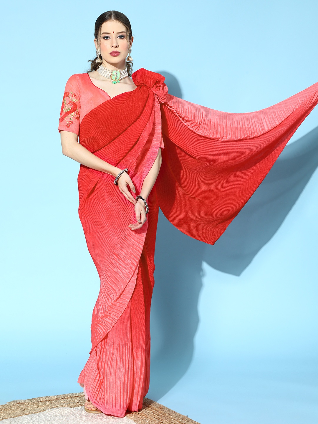

Mitera Women Red Designer Rangoli Silk Embellished Pleated Saree With blouse