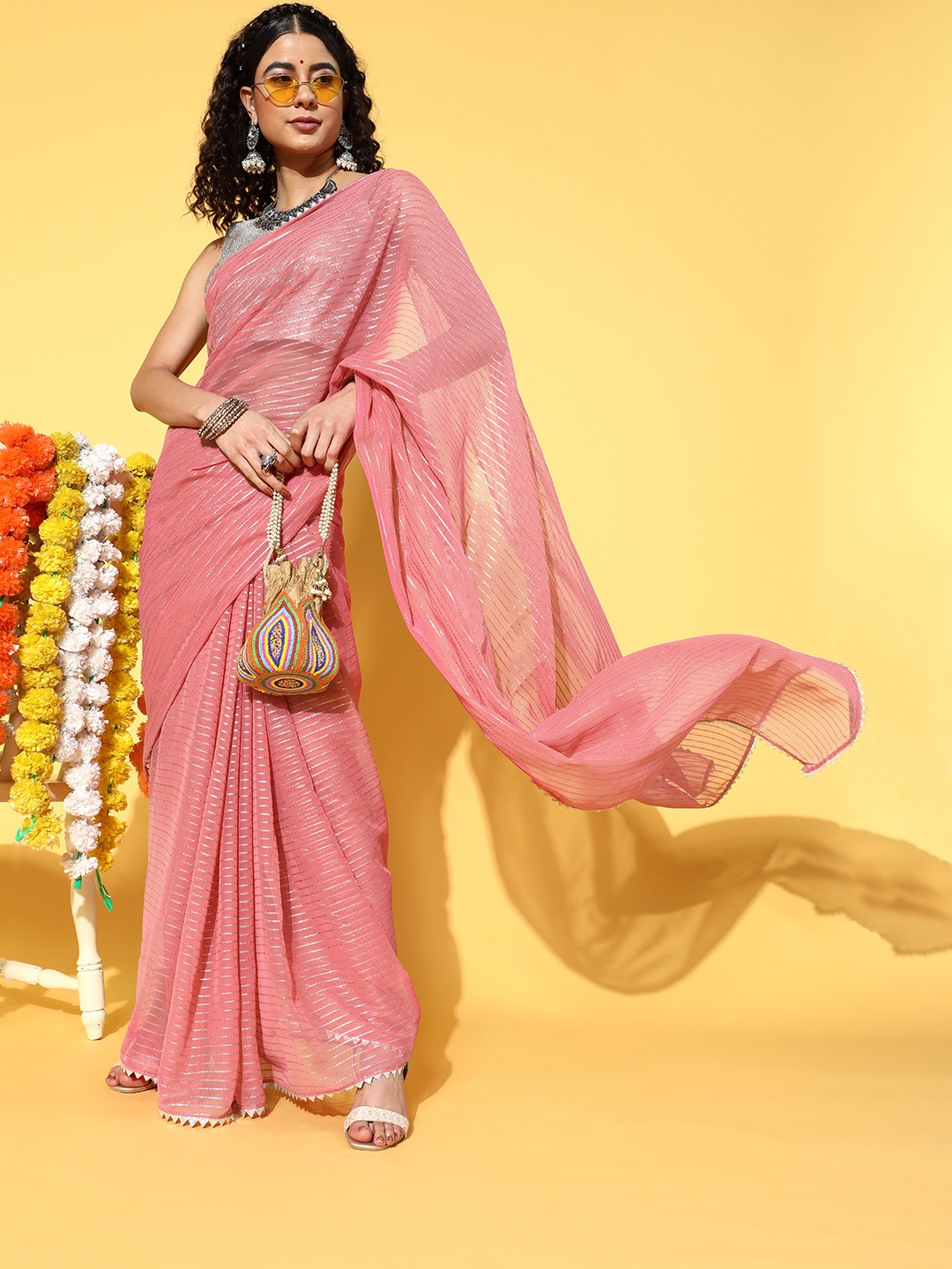 

Kvsfab Striped Saree with Embellished border, Pink