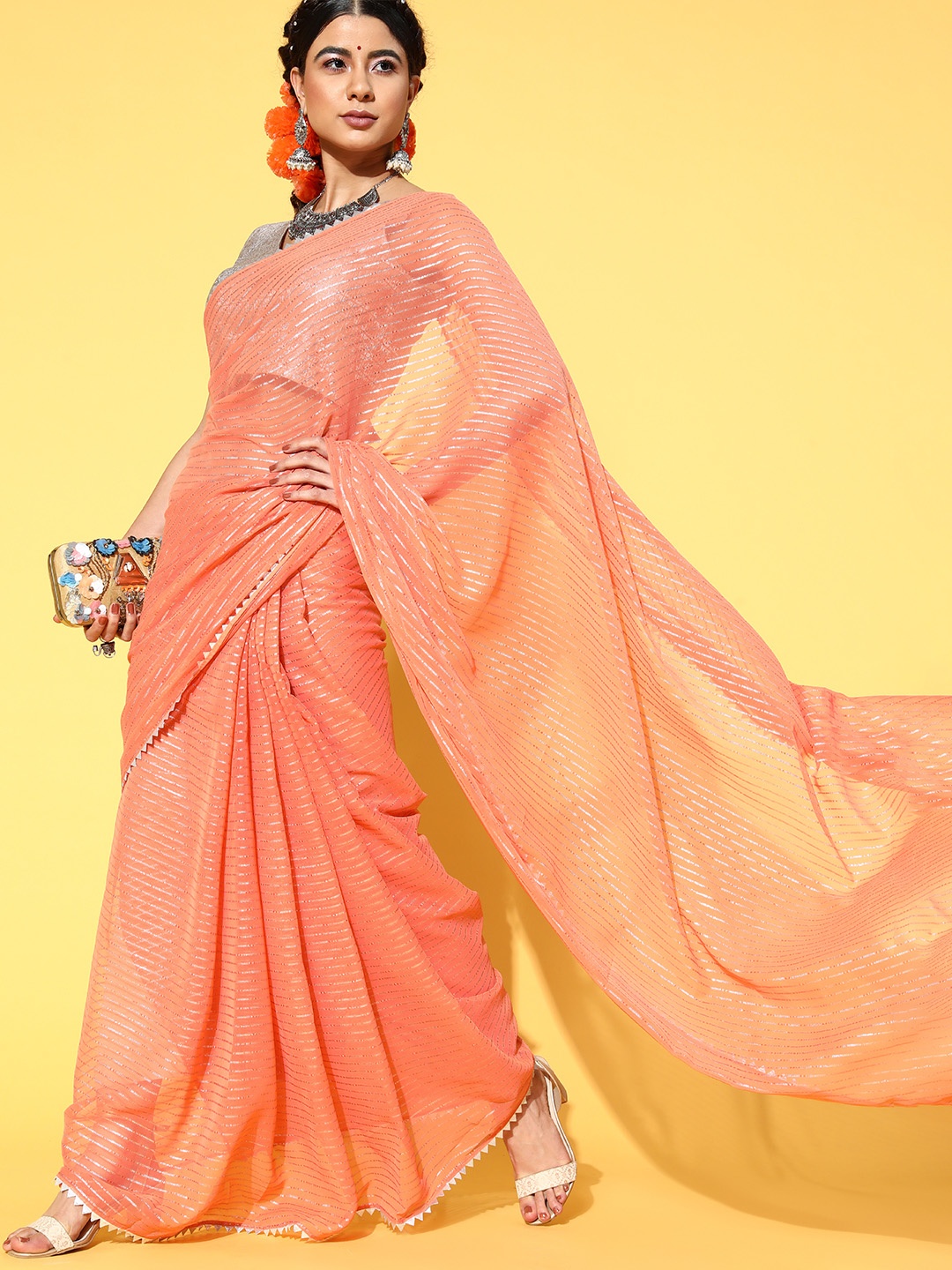 

Kvsfab Striped Saree with Embellished border, Orange