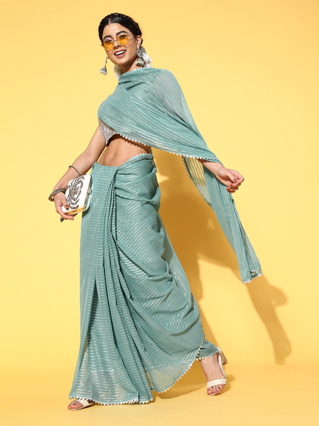 

Kvsfab Striped Saree with Embellished border, Green