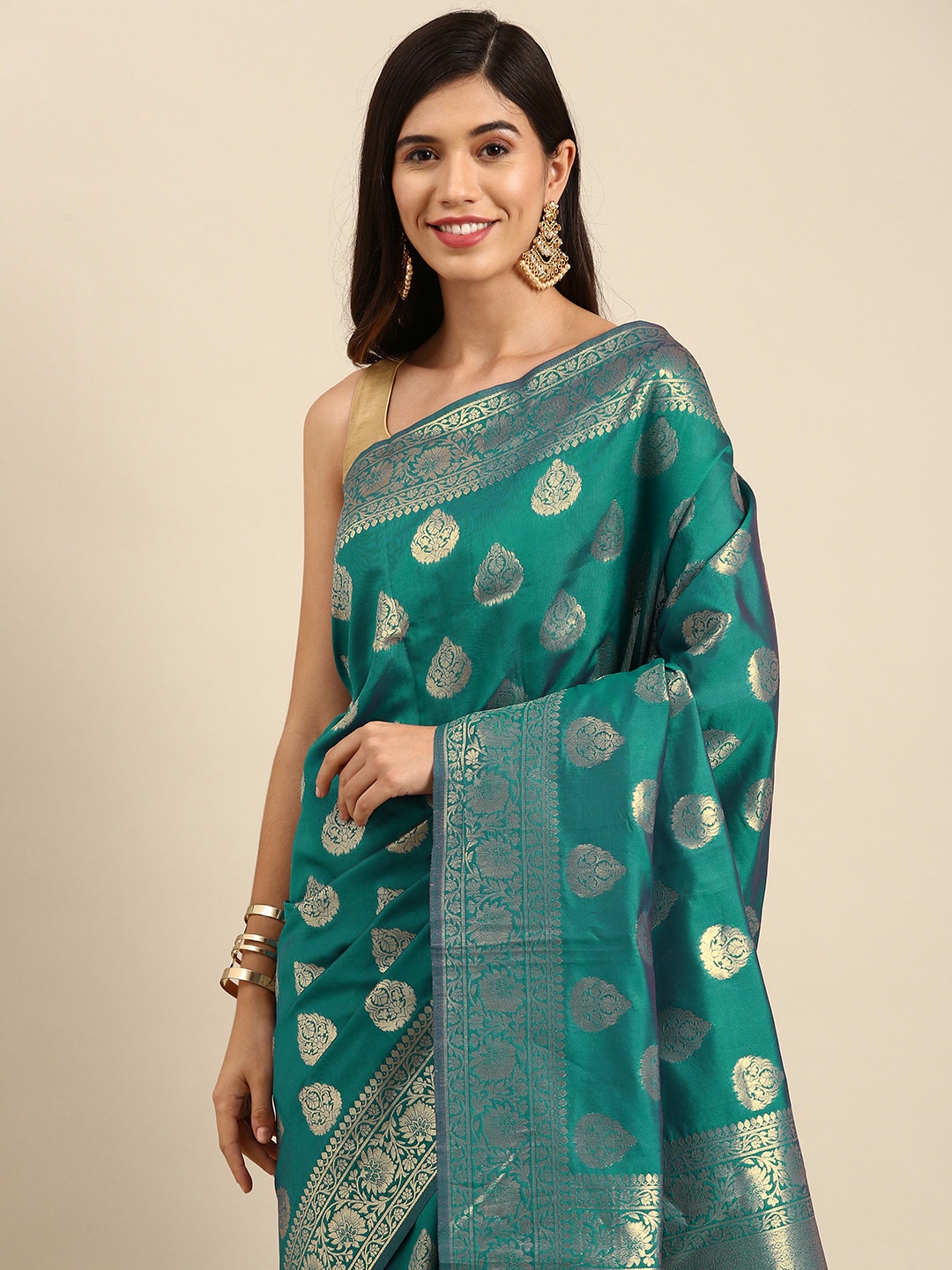 

Anouk Turquoise Green & Golden Ethnic Motifs Zari Woven Design Banarasi Saree, Turquoise blue