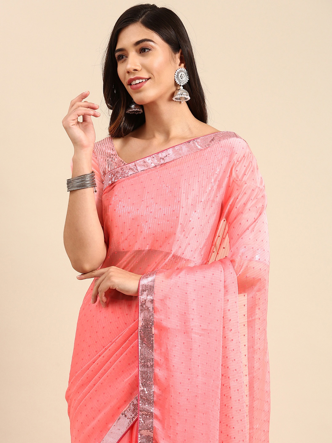 

Anouk Pink Woven Design Sequinned Silk Blend Saree