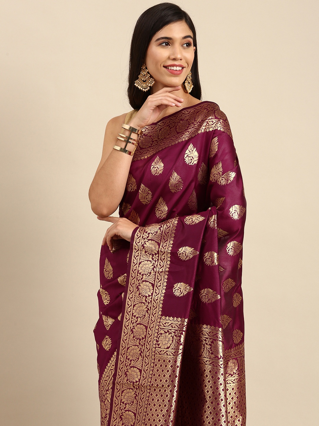 

Anouk Burgundy& Golden Pure Linen Ethnic Motifs Zari Woven Design Banarasi Saree