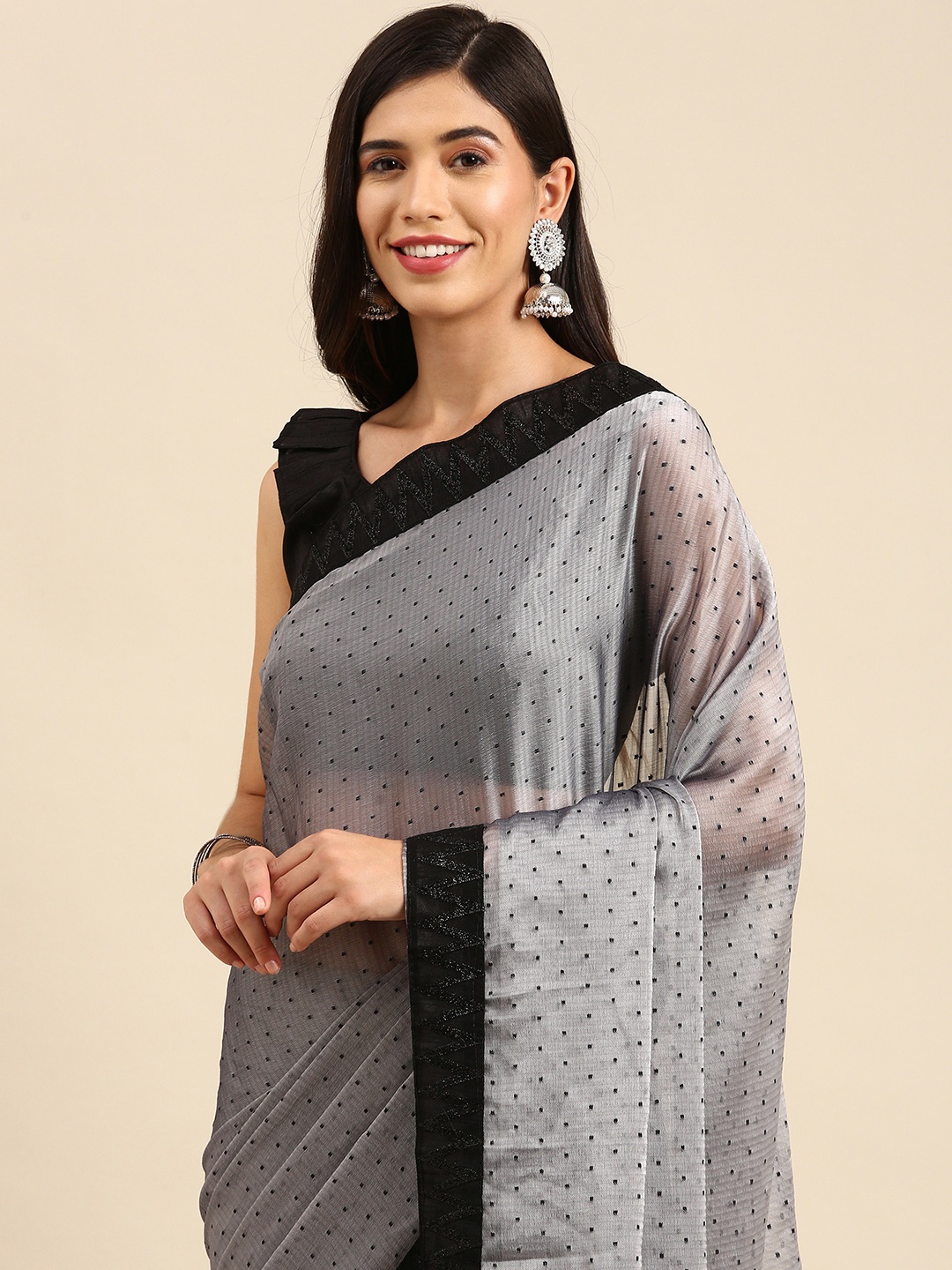 

Anouk Grey & Black Woven Design Sequinned Silk Blend Saree