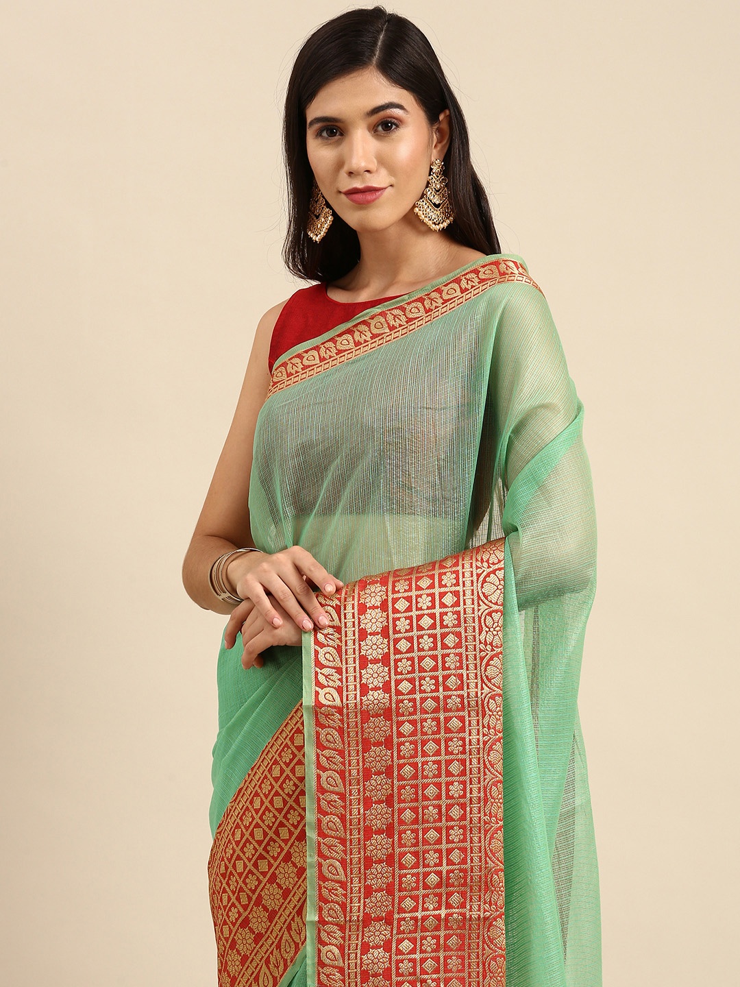 

Anouk Green & Red Self-Checked Pure Cotton Banarasi Saree with Zari Woven Border