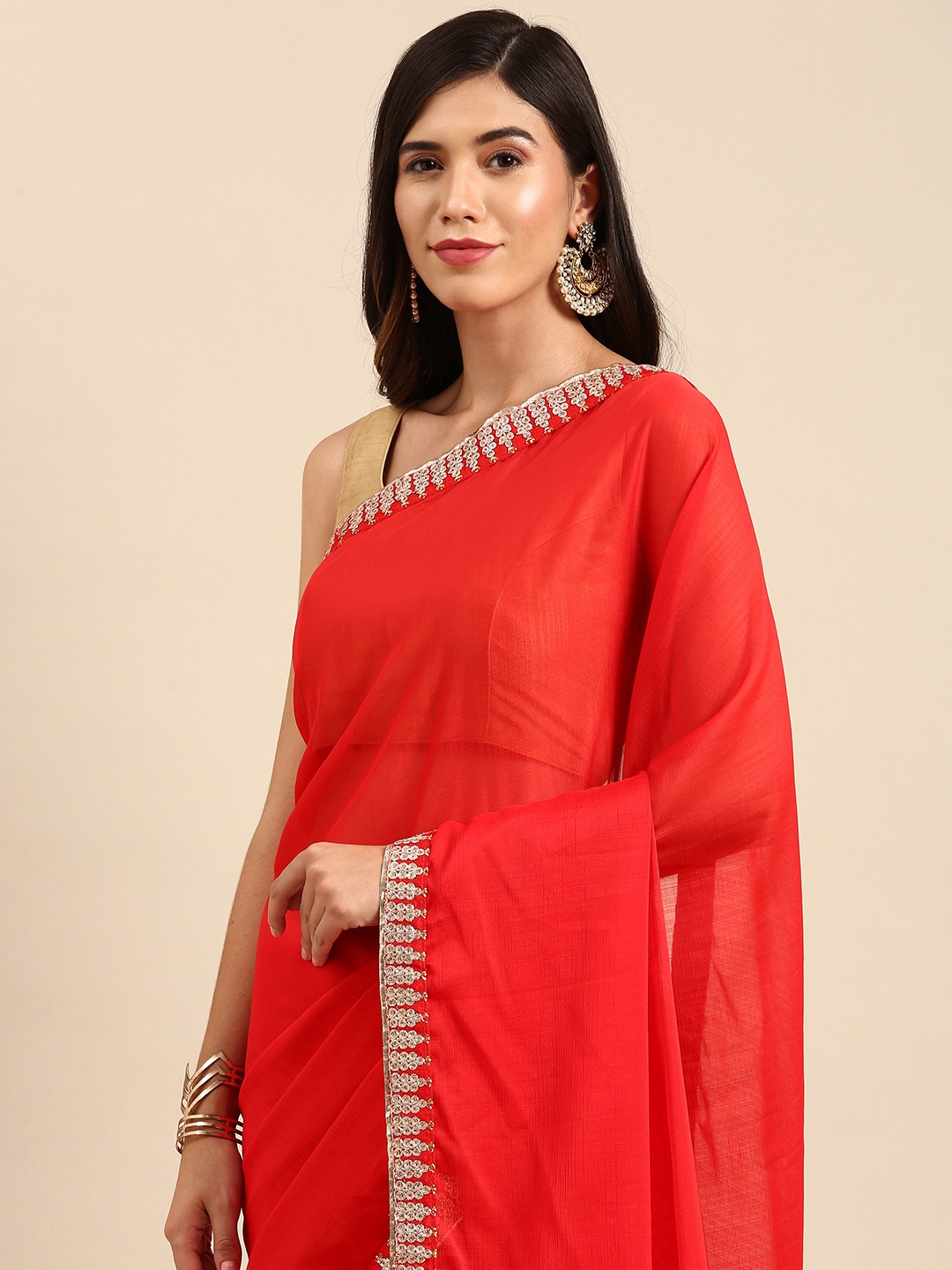 

Anouk Red Solid Saree with Embellished Border