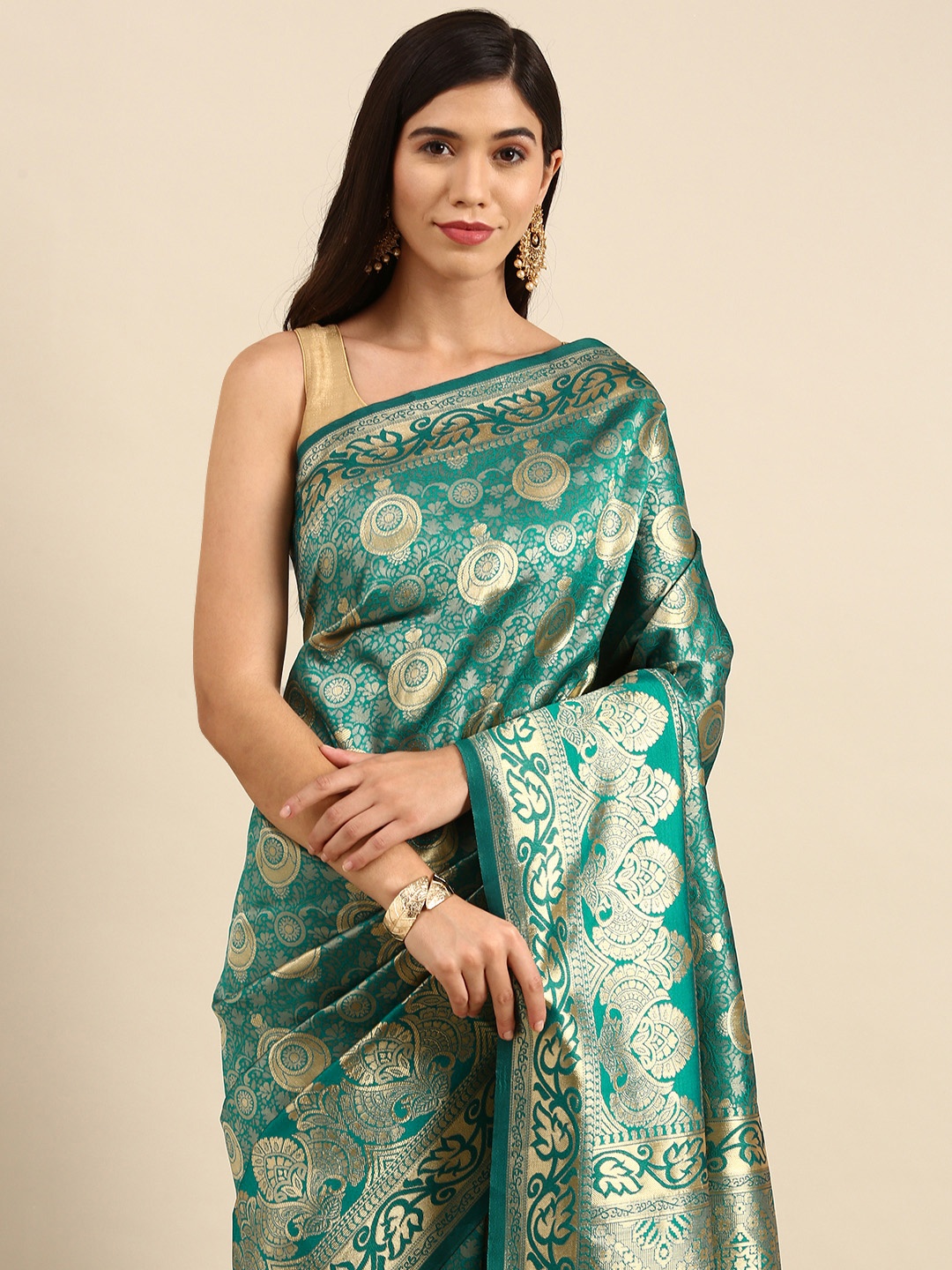 

Anouk Turquoise Green& Golden Ethnic Motifs Zari Woven Design Banarasi Saree, Turquoise blue