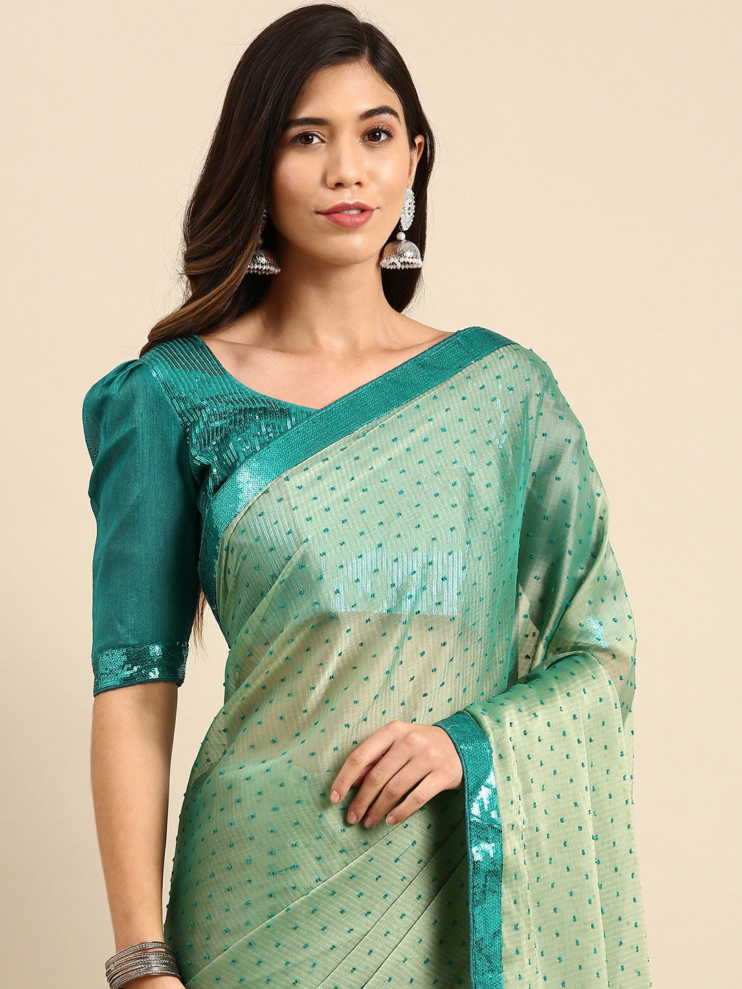 

Anouk Green Woven Design Sequinned Silk Blend Saree