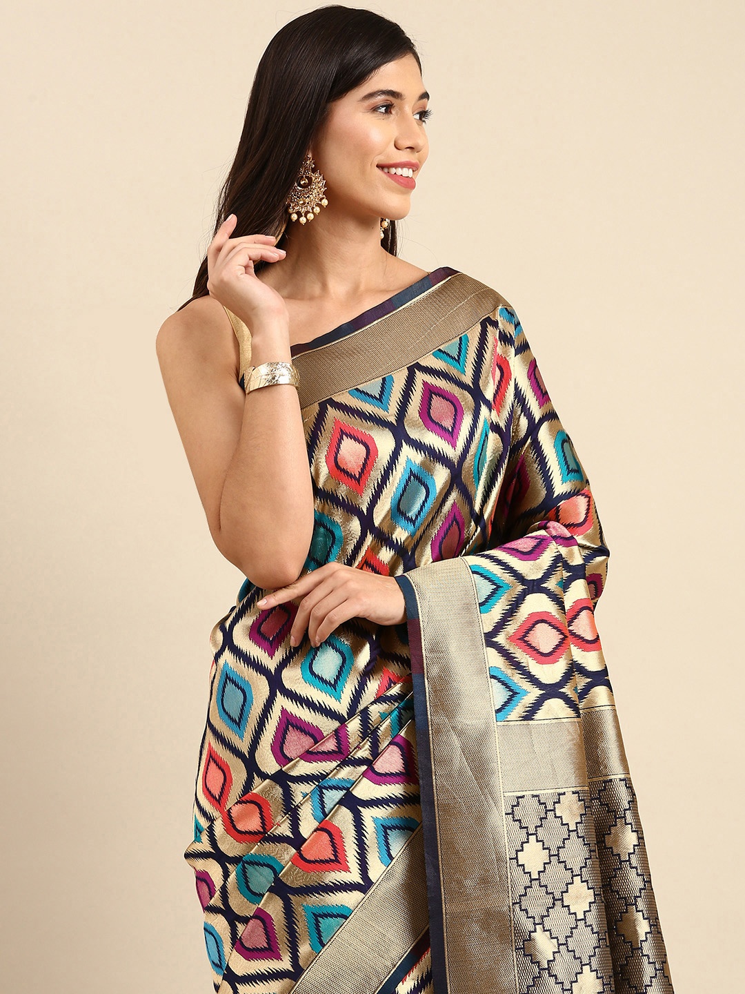 

Anouk Navy Blue & Golden Zari Woven Design Banarasi Saree