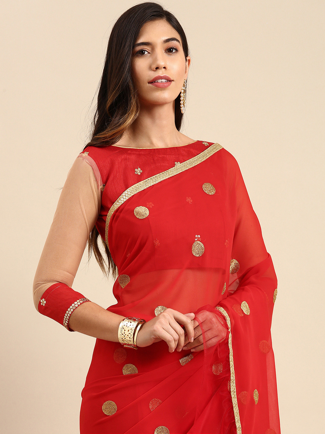 

Anouk Red & Golden Pure Georgette Embroidered Ruffled Trim Saree