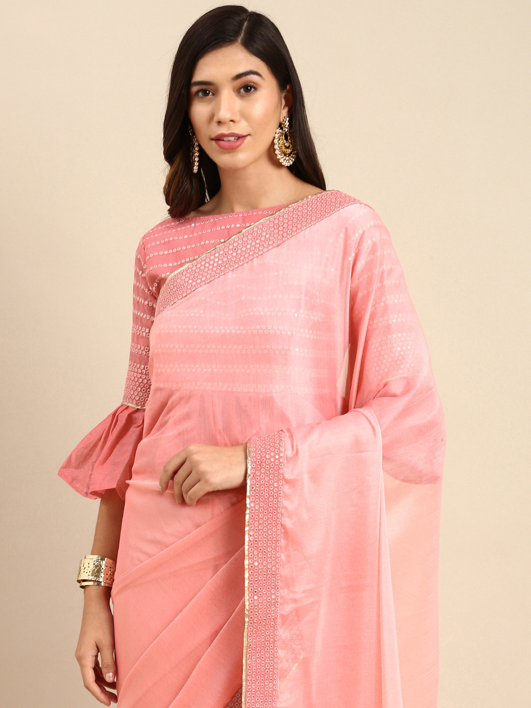 

Anouk Pink Saree with Embellished Border