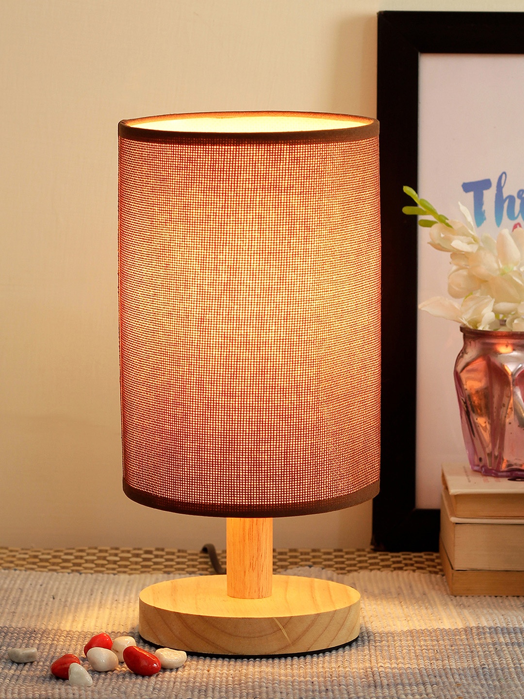 

TIED RIBBONS Brown Wooden Cylindrical Table Lamp with Jute Shade