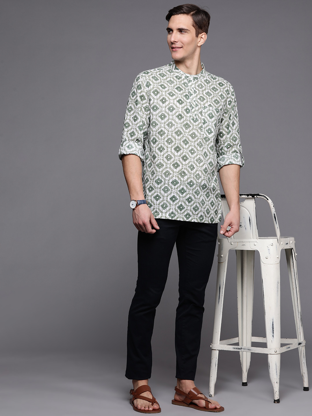 

Fabindia Men Green & White Printed Pure Cotton Kurta