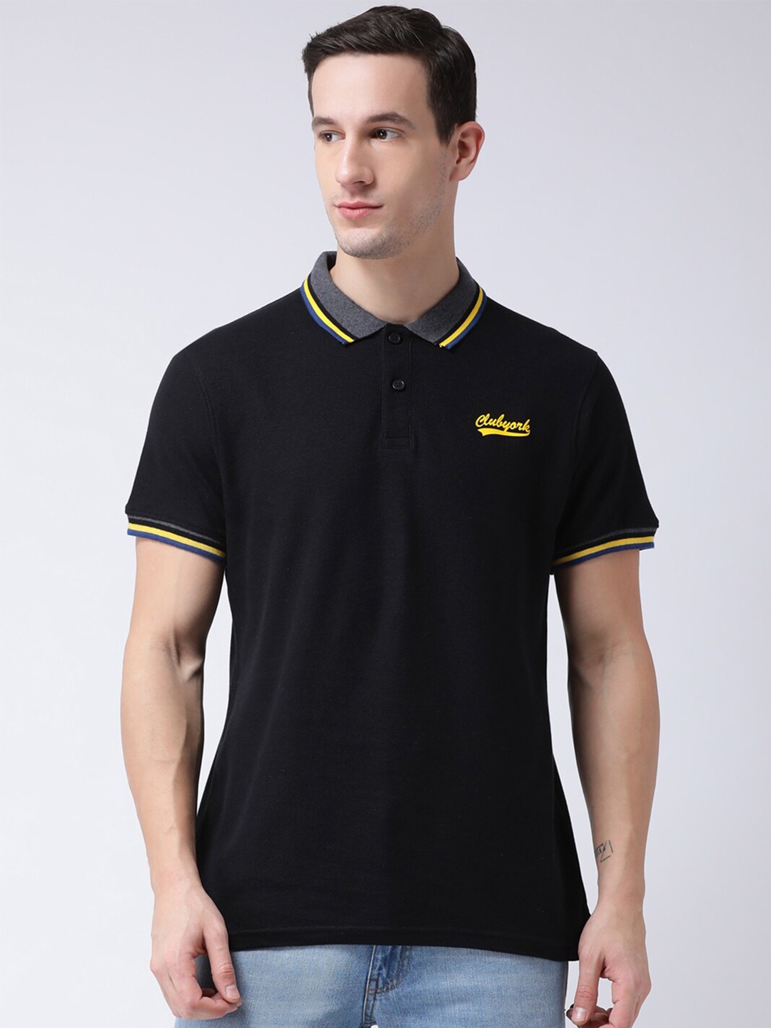 

Club York Men Black Polo Collar Cotton T-shirt