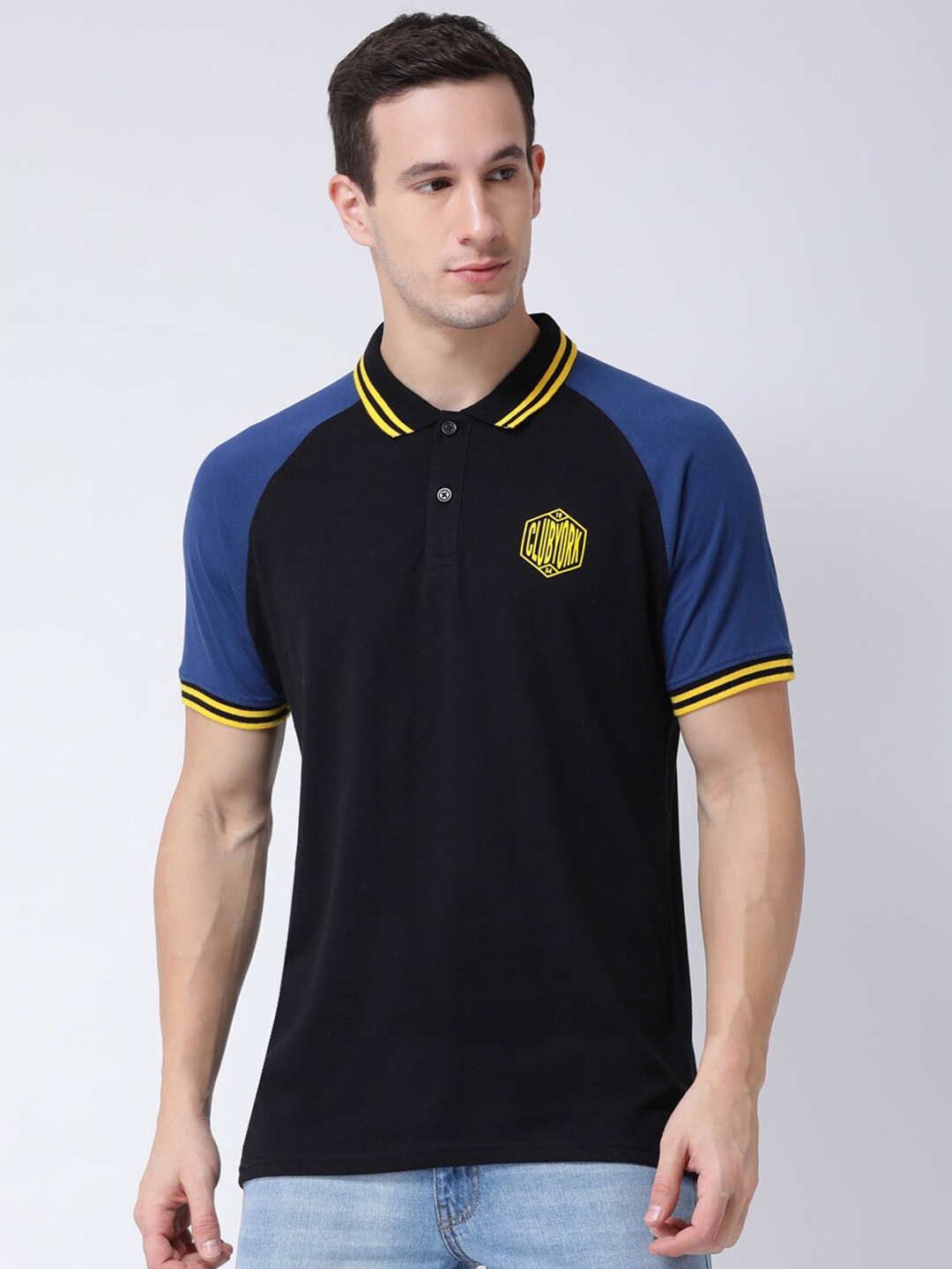 

Club York Men Black & Navy Blue Polo Collar Cotton T-shirt