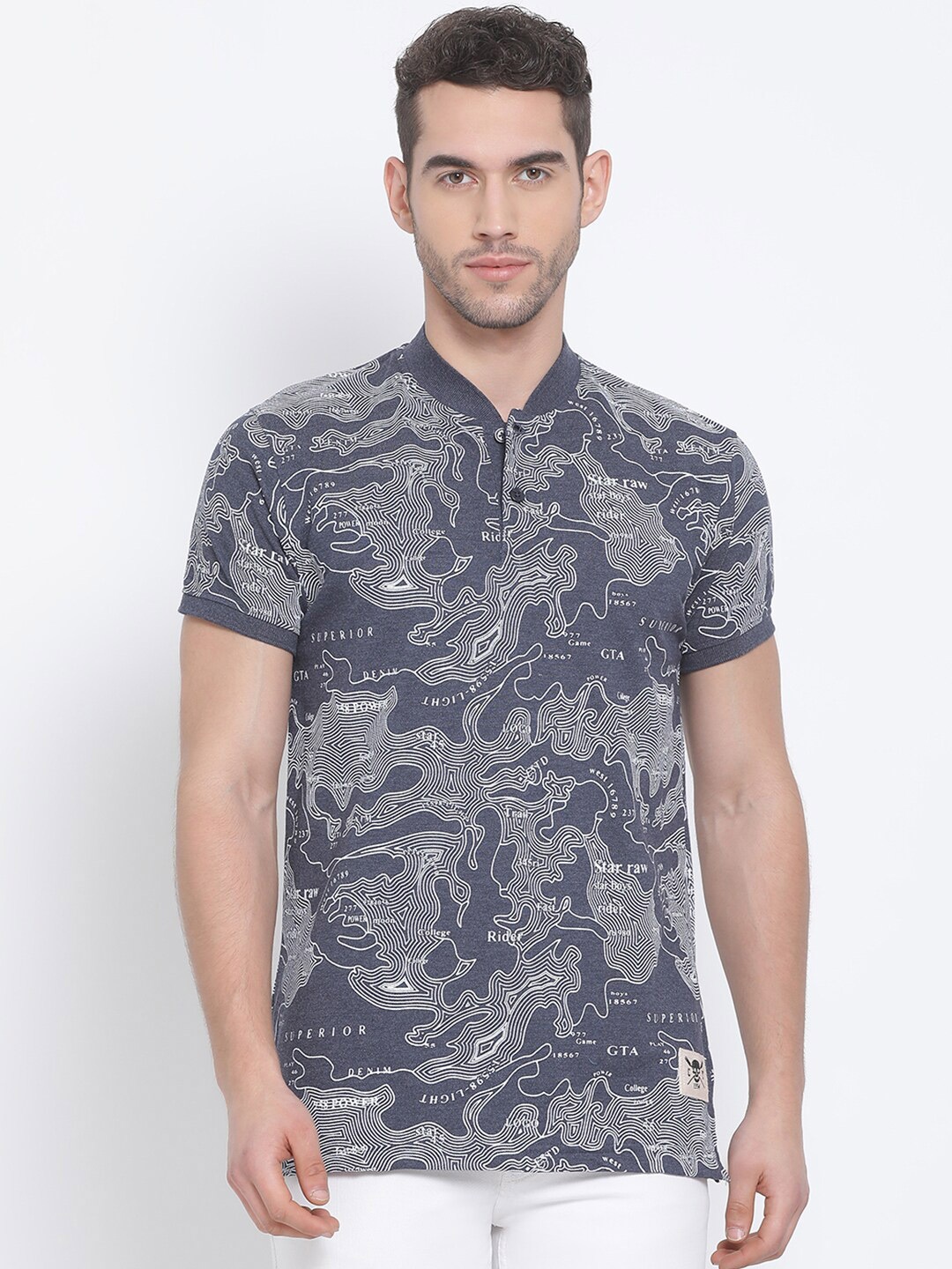

Club York Men Blue & White Abstract Printed Mandarin Collar T-shirt