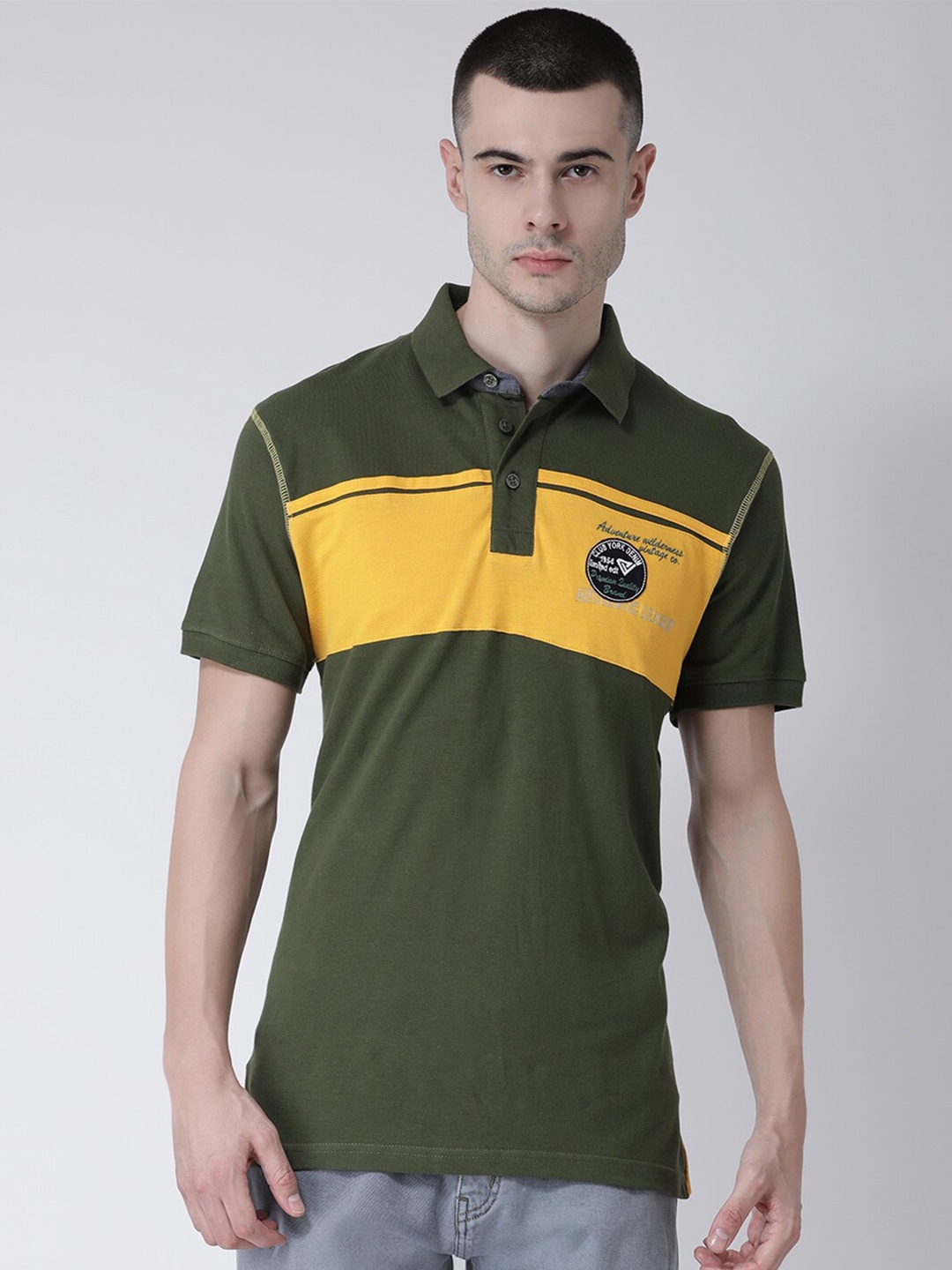 

Club York Men Olive Green & Yellow Colourblocked Polo Collar Cotton T-shirt