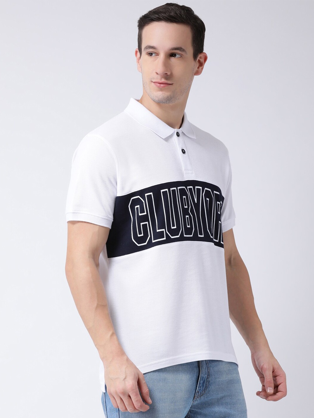

Club York Men White & Navy Blue Typography Printed Cotton T-shirt