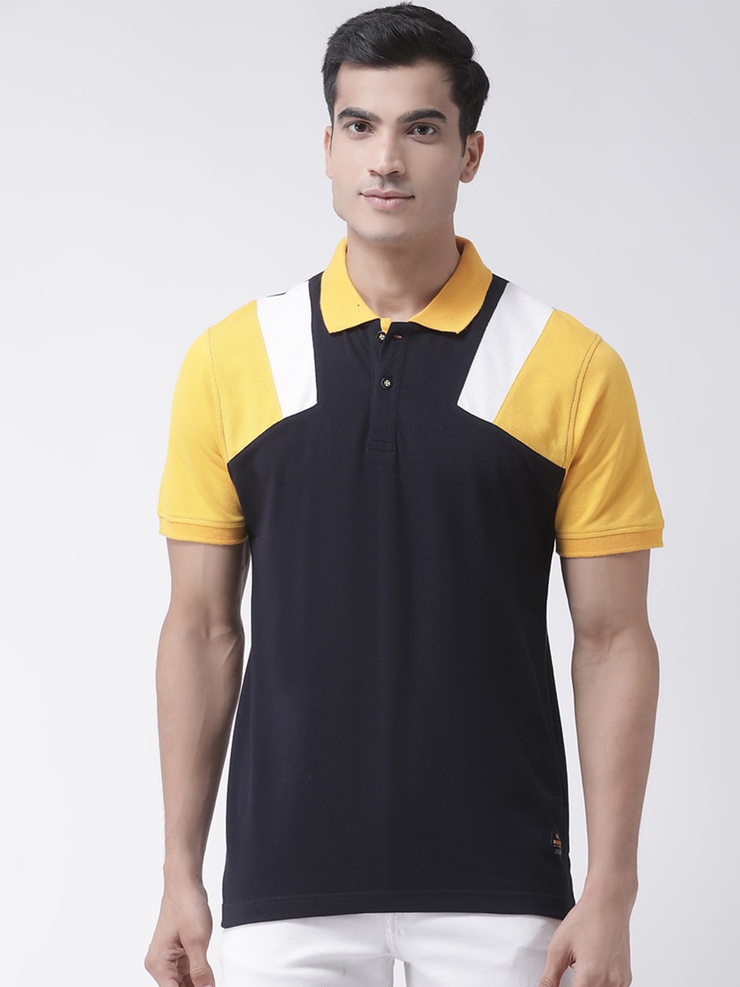 

Club York Men Navy Blue & Yellow Colourblocked Polo Collar T-shirt