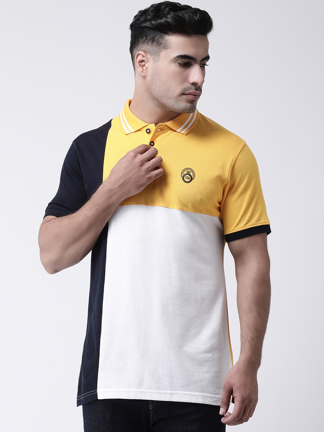 

Club York Men Yellow & Black Colourblocked Polo Collar Cotton T-shirt