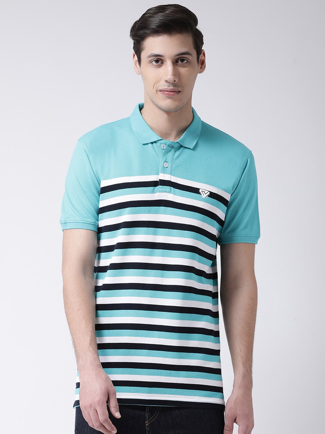 

Club York Men Green & Black Striped Polo Collar T-shirt