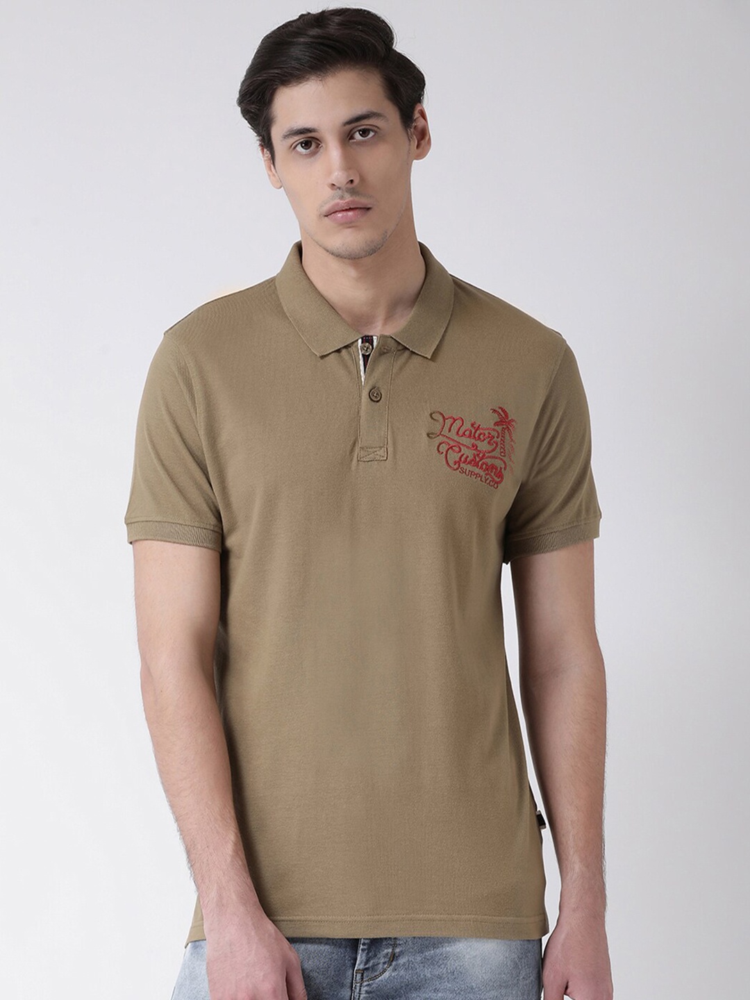 

Club York Men Olive Green Polo Collar Cotton T-shirt