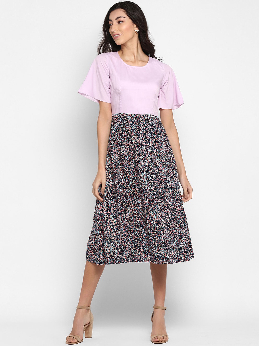 

DEEBACO Lavender & Navy Blue Floral Midi Dress