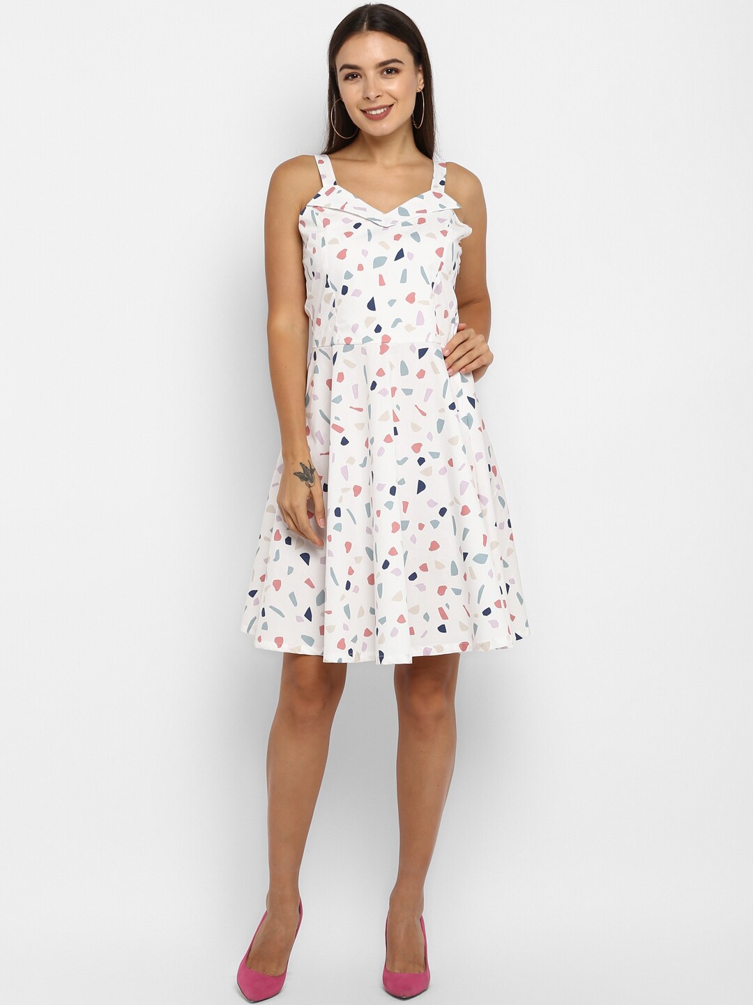 

DEEBACO Women White Floral Printed Shoulder Strap Fit & Flare Dress