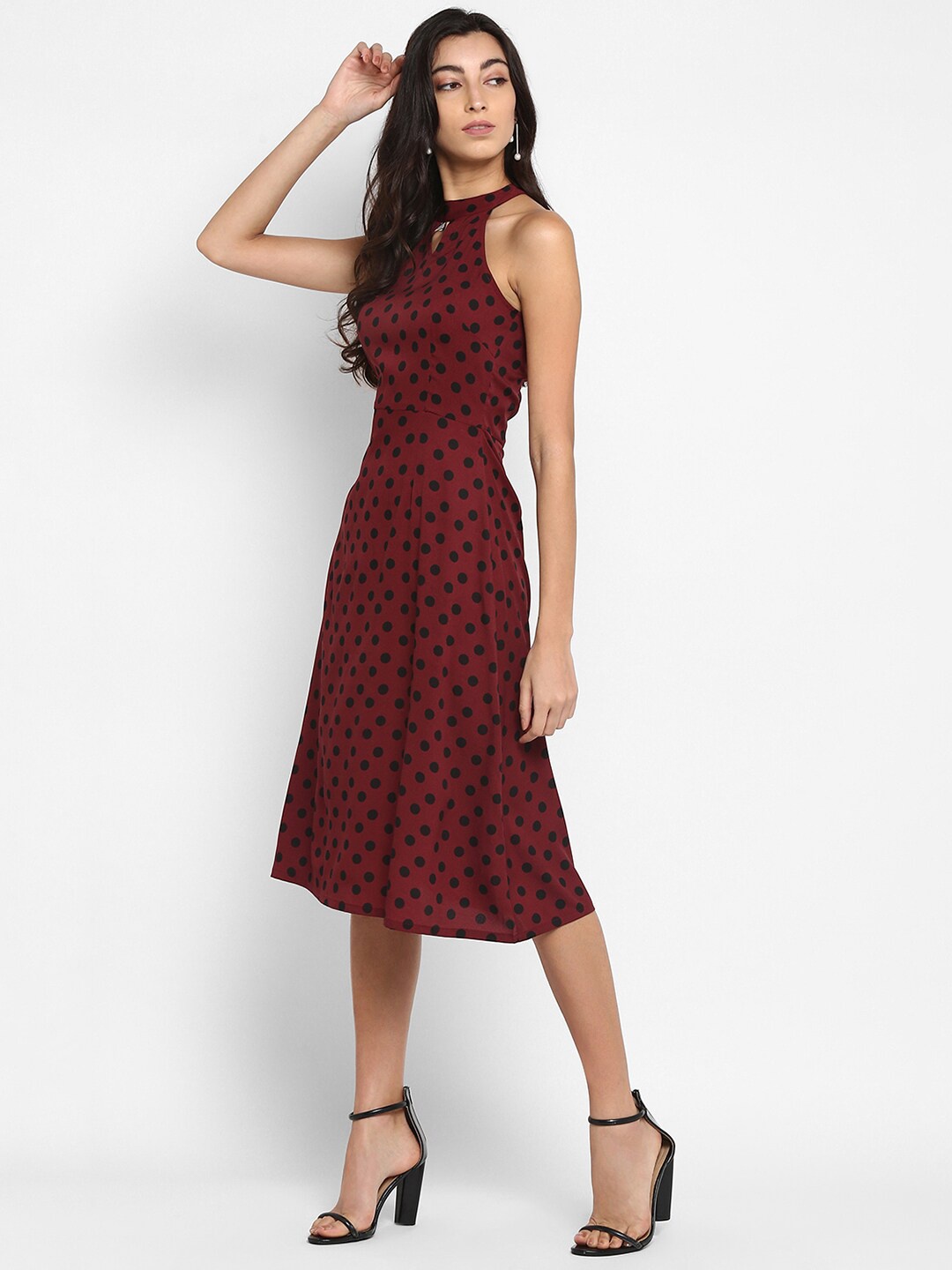 

DEEBACO Maroon Keyhole Neck Polka Dot Printed Midi Dress