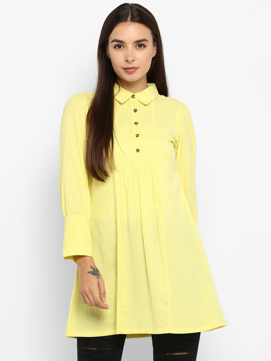 

DEEBACO Yellow Shirt Collar Striped Tunic