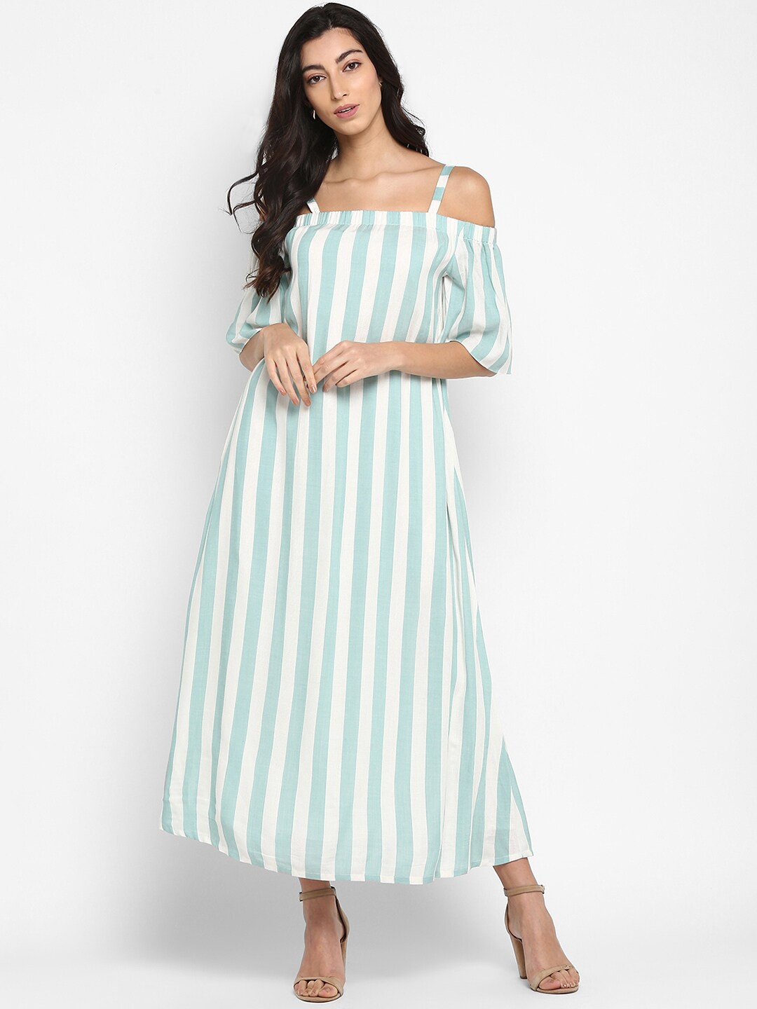 

DEEBACO Women Blue & White Striped Cold Shoulder A-Line Maxi Dress
