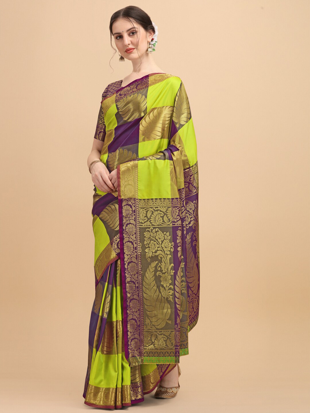 

Mitera Green & Purple Ethnic Motifs Zari Silk Blend Banarasi Saree