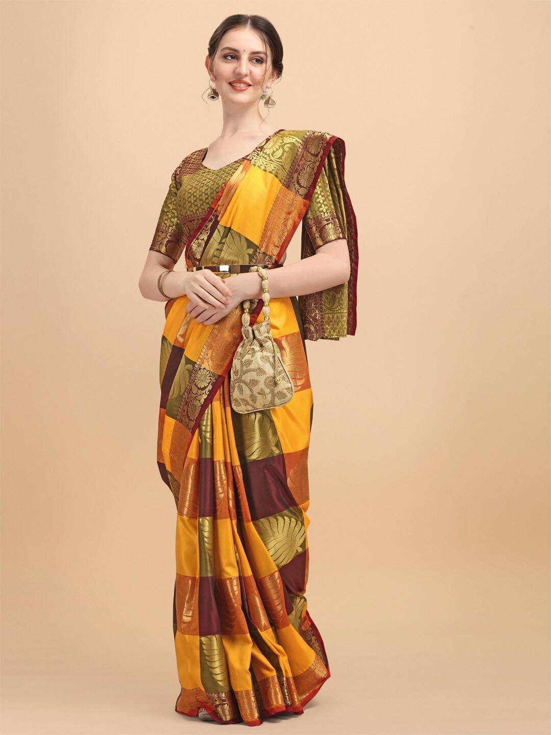 

Mitera Yellow & Maroon Woven Design Banarasi Saree