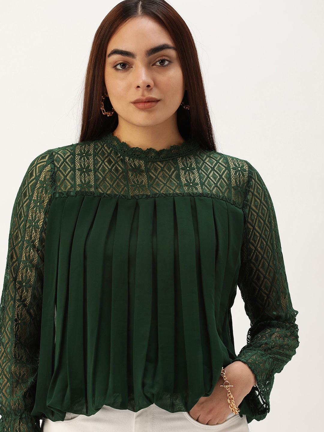 

SHECZZAR Women Green Solid Lace Detail Blouson Top